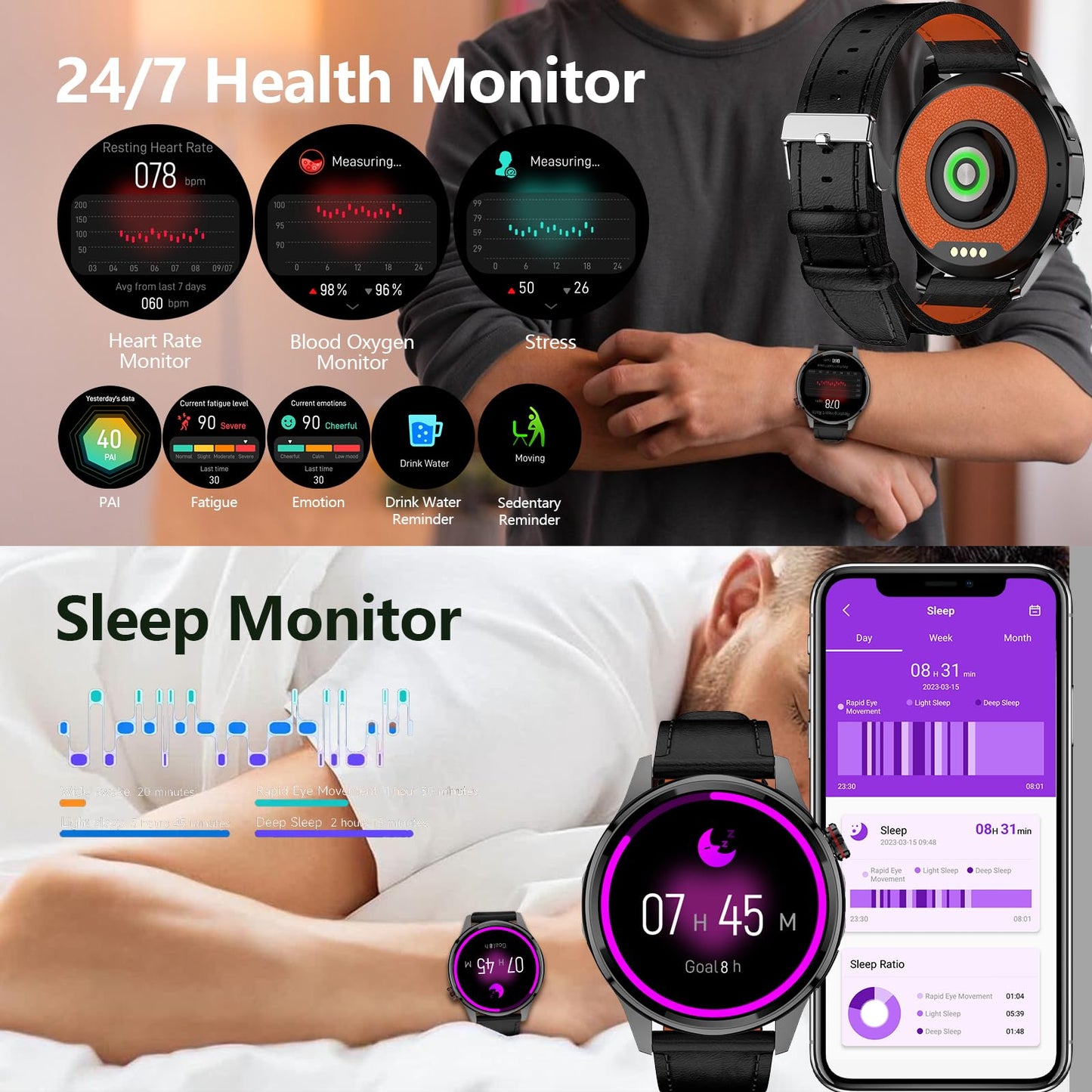 Smart Watch for Men Built-in GPS with Map, 1.46" AI Smartwatch with Health Monitor for Android Phones/iPhone, 100+ Sport Modes Fitness Tracker with Compass/Altitude/Barometer, Text Reply(2 Bands)
