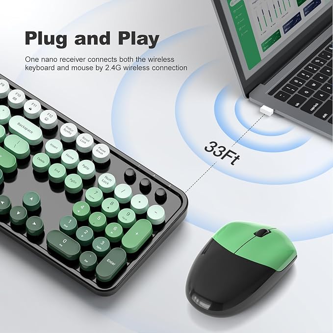 MOFII Wireless Keyboard and Mouse Combo, 2.4GHz Retro Typewriter Keyboard Full Size, Cute Wireless Mice, USB Dongle Plug and Play, for Laptop, PC, Desktop, Windows (Black Green Gradient Color)