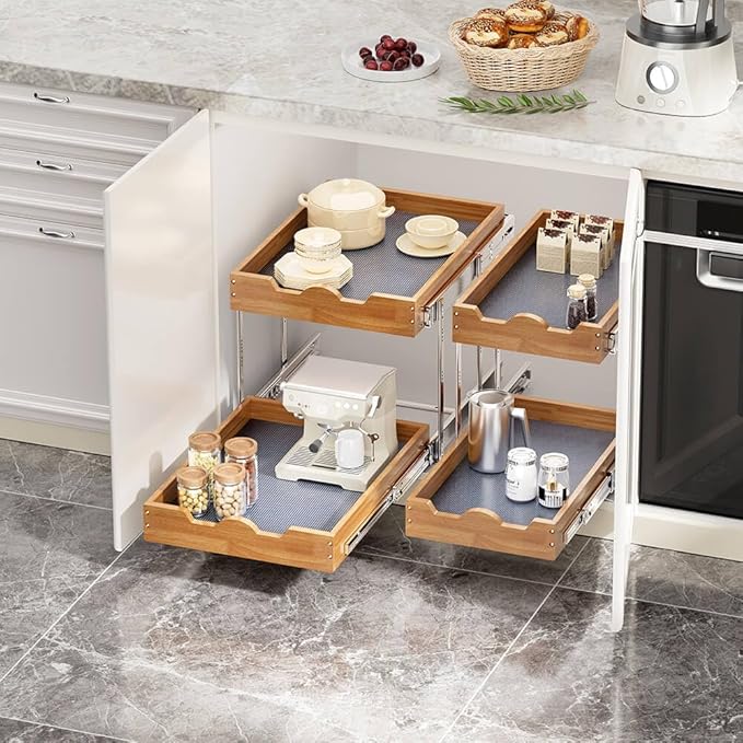 OCG Pull Out Drawers For Cabinets 14"W x 21"D, 2 Tier Heavy-Duty Slide out Wood Drawer Shelf, Pull Out Drawer for Cabinets, Base Cabinet Organization for Kitchen, Pantry, Bathroom
