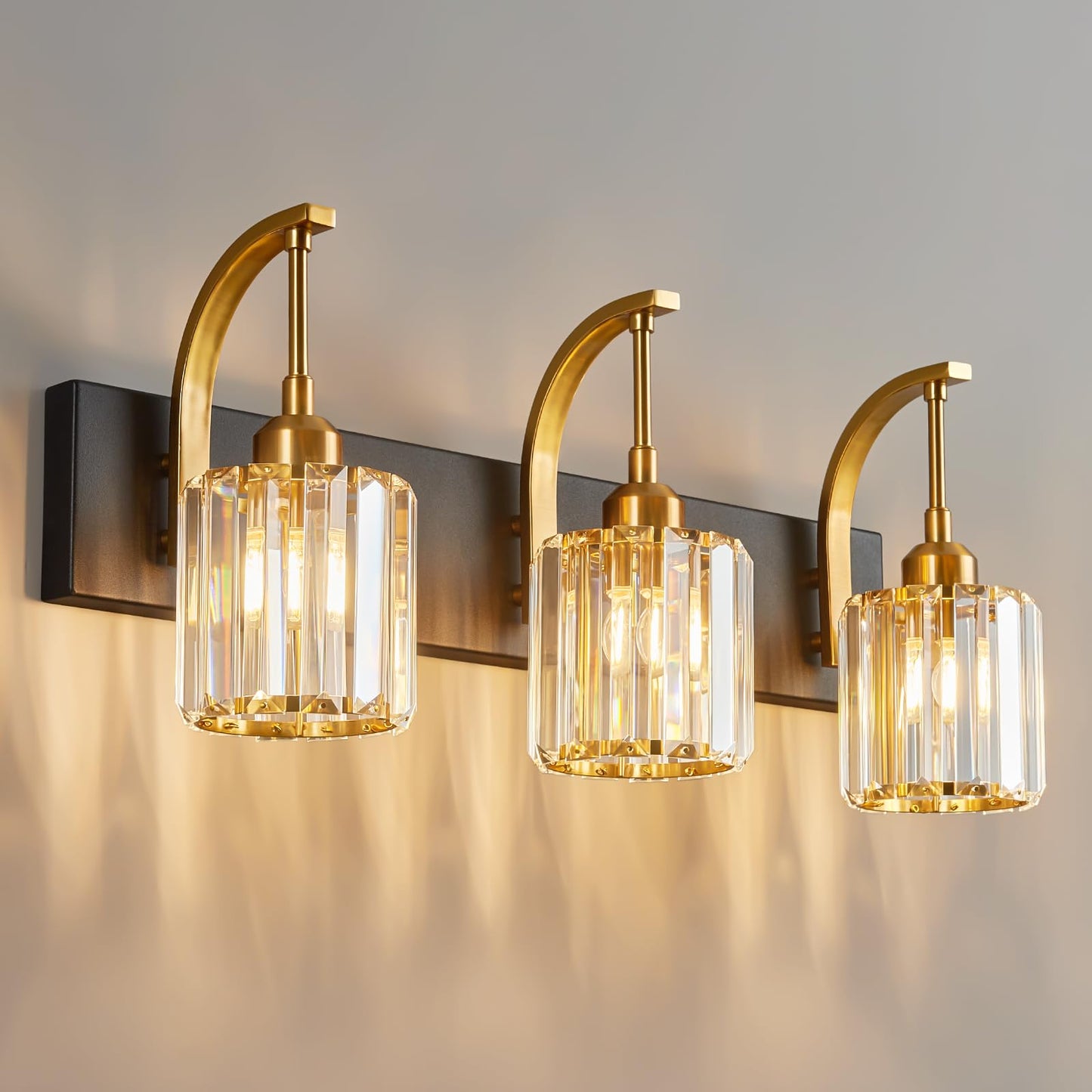 Fdpby 3-Light Crystal Vanity Light  Modern Black Gold Bathroom Wall Sconce With K9 Crystal Shades  23.62 Long Over Mirror Lighting For Vanity  Makeup  Hallway  Elegant & Durable