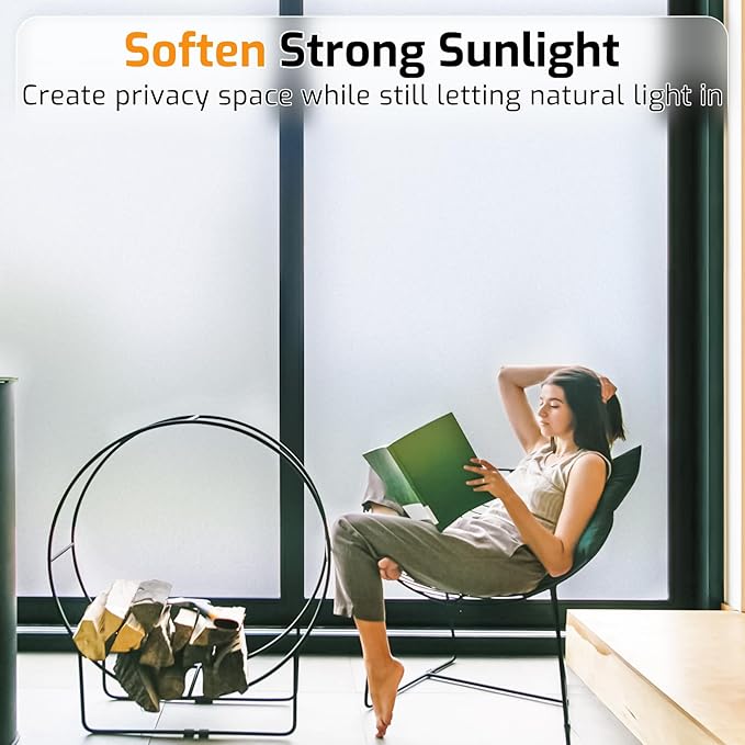 LUTE Window Privacy Film, Frosted Glass Window Film for Bathroom, Static Cling Removable Heat Control Glass Coverings, Non Adhesive Opaque Door Sticker for Home Office (Pure, 23.6" x 157.4")