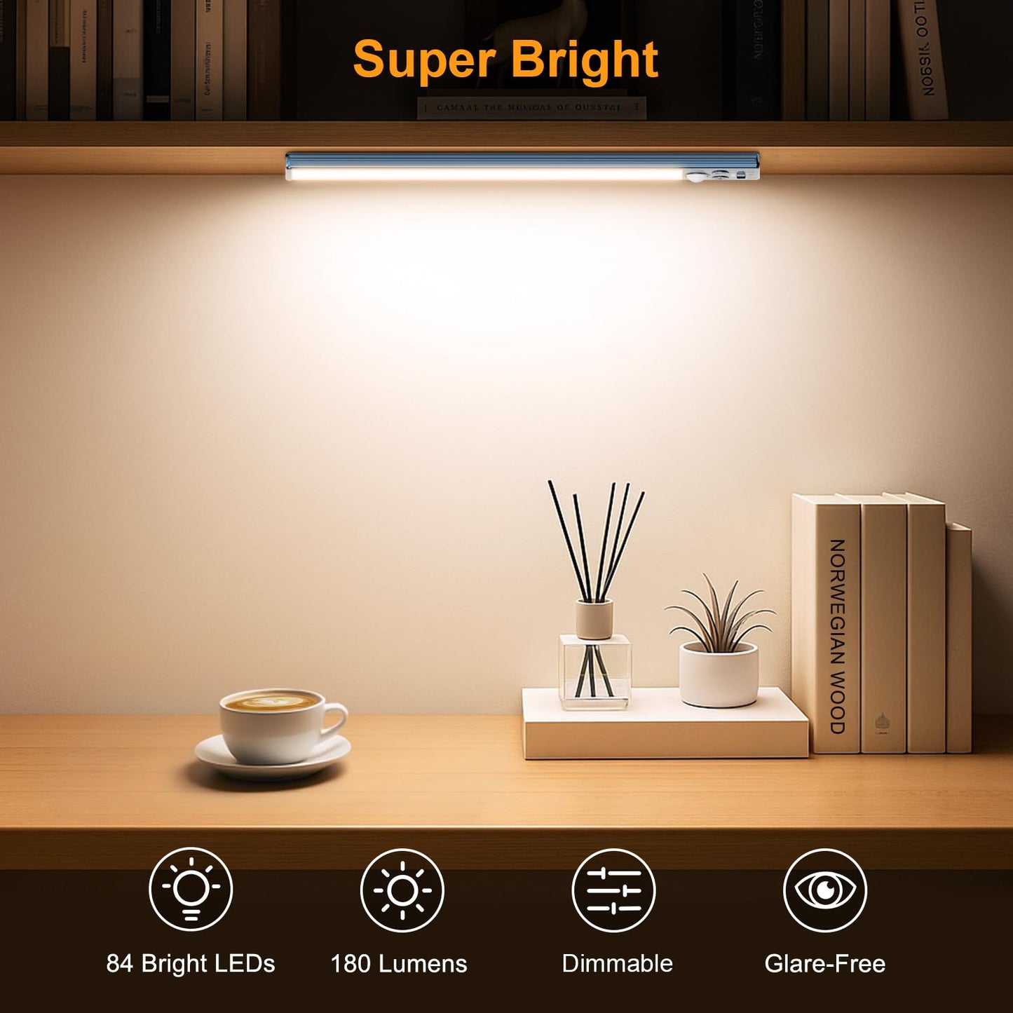 Gritin Under Cabinet Lighting - 10.2 inch, Rechargeable, 84 LED, Motion Sensor, 3-Color, Sea Blue - Model G1358, 2 Pack