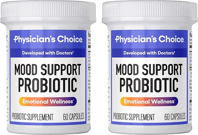 Physician's CHOICE Mood Support Probiotic - Supports a Balanced Mood, Healthy Stress Response & Digestive Health with Prebiotics, Ashwagandha, Vitamin B12, Folate - for Men & Women - 60ct 2-Pack