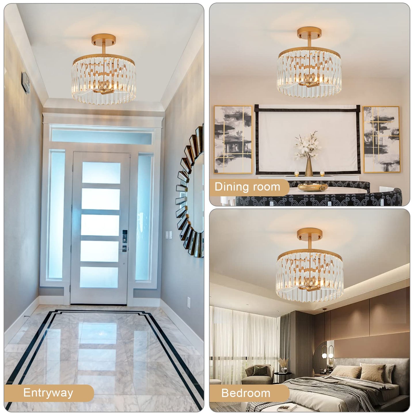 Lighceac 12 Gold Semi Flush Mount Crystal Ceiling Light Fixtures For Kitchen Modern Industrial 2-Light Small Chandeliers Lighting For Bedroom Entryway Hallway Living Dining Room Foyer