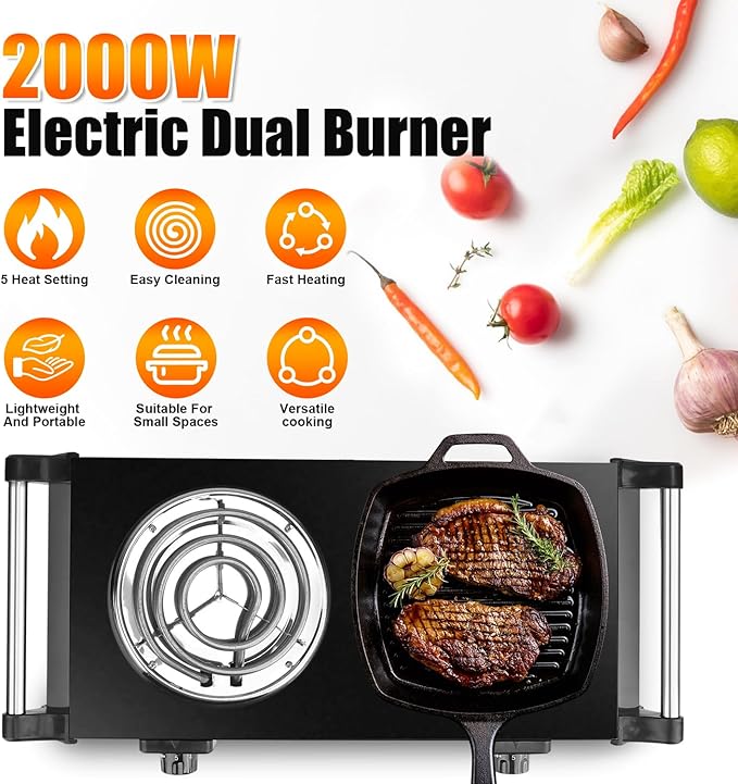 Double Hot Plate, 2000W Portable Countertop Burner & Electric Stove, 5-Level Temp, Portable Handle, Cast Iron Double Burner Cooktop for Home/RV/Camping (Black)