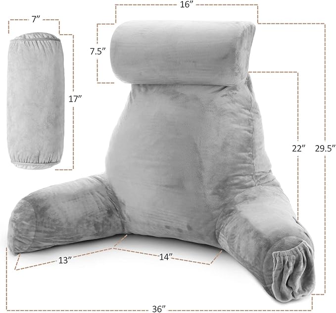 Nestl Reading Pillow Large Bed Pillow, Back Pillow for Sitting in Bed Shredded Memory Foam Chair Pillow, Reading & Bed Rest Pillows Light Grey Back Pillow for Bed, Bed Chair Arm Pillow with Pockets