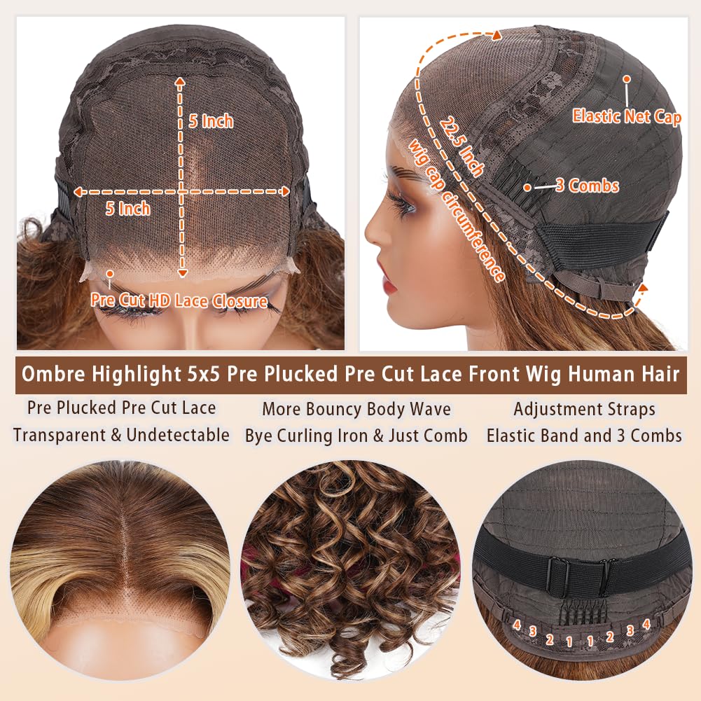 Highlight Ombre 5x5 Pre Plucked Pre Cut Lace Front Wigs Human Hair 4/27 Colored Bouncy Body Wave Lace Frontal Wig Honey Blonde O