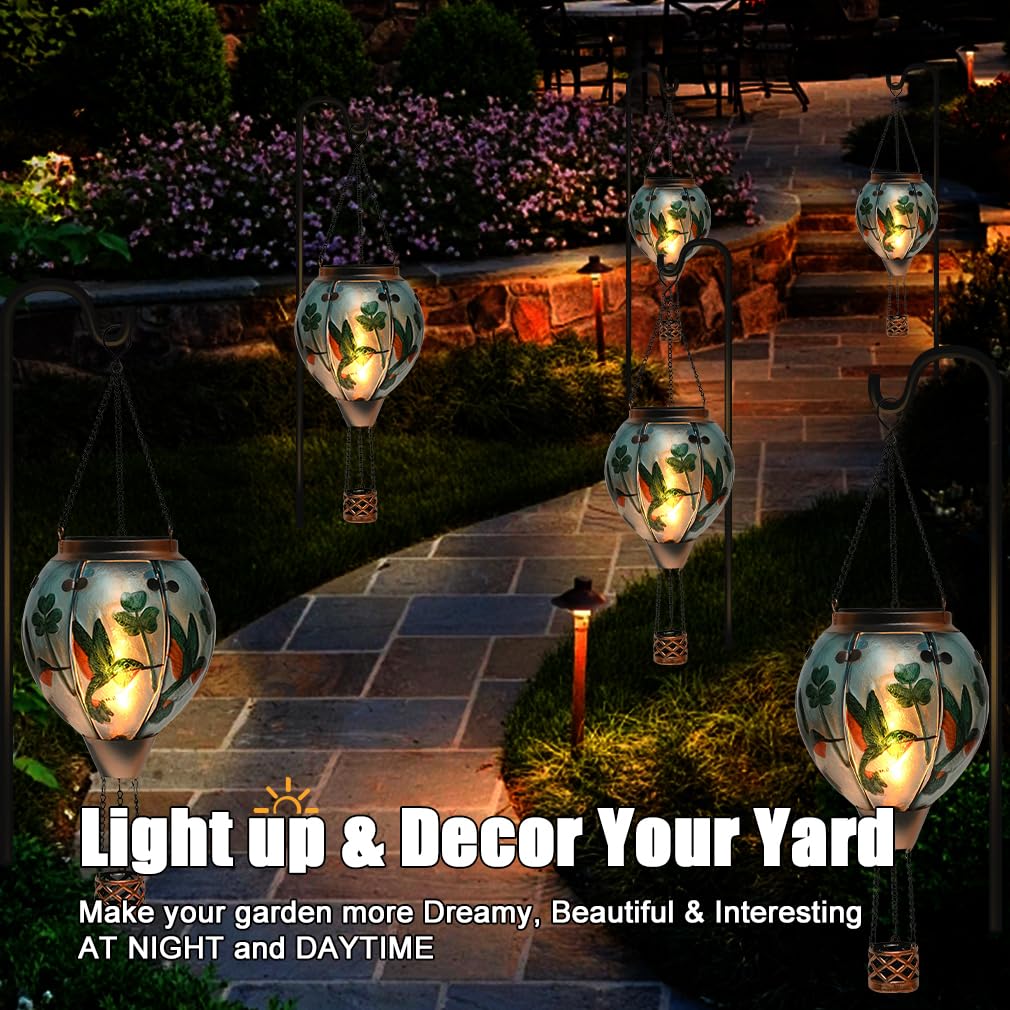 Hot Air Balloon Solar Lantern - Hummingbird Glass Lantern  Simulated Flickering & Dancing Flame  Outdoor Hanging Shamrock Yard Light Waterproof Ip65 For Patio Lawn Porch Decor Irish Gift