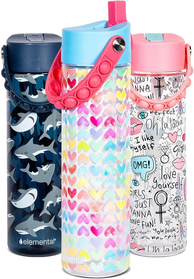 Elemental Splash Water Bottle with Straw - BPA-Free Tritan Plastic Reusable Water Bottle with Pop It Strap - Ideal for Travel, Gym and Sports - Leak Proof when Spout is Closed - 26oz - Rainbow Heart