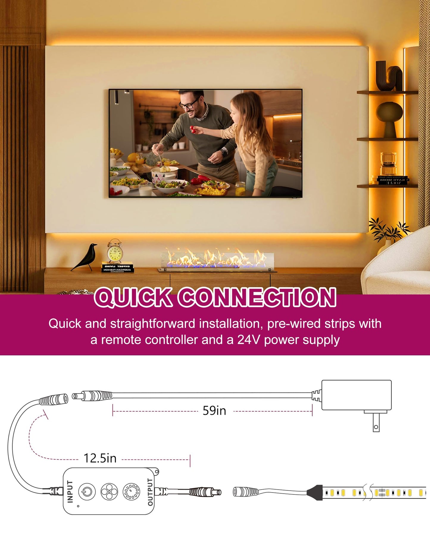 Emitever Led Strip Lights Kit Warm White With Remote & 24V Power Supply 16.4Ft Dimmable Tape Light 2700K  High Density 600Leds  240+Lm/Ft  Cri95+  Suitable For Bedroom Kitchen Under Cabinet Lighting