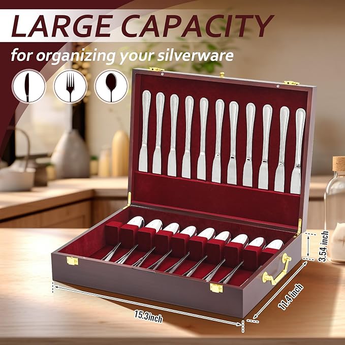 Novabright Wooden Silverware Storage Box with Lid, Christmas Flatware Organizer with Handle Felt Lined,15.3 x 11.4 Large Elegant Silverware Chest Case for Flatware Utensils Home Decor Gift(1 Layer)