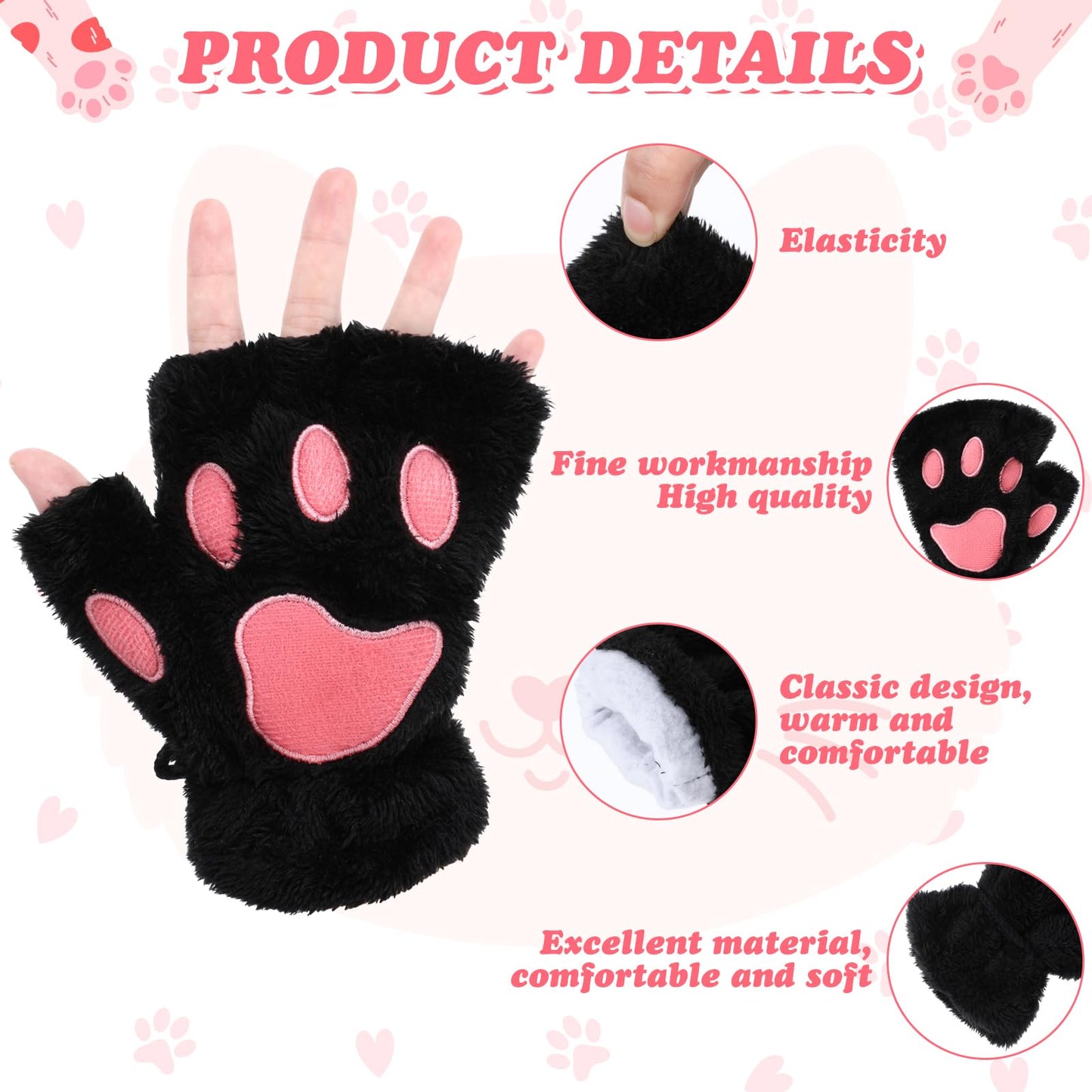 Cat Paw Gloves Black Bear Furry Paw Fingerless Hand Winter Paw Gear Kawaii Cat Claw Gloves Warm Mittens Cute Faux Fur Plush Half Finger Paws Gloves Cat Paw for Girls Women Halloween Cosplay Costume