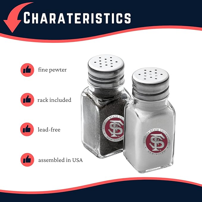 Heritage Pewter Florida State University Seminoles Salt and Pepper Shaker Set of 2 Bottles | Expertly Crafted Pewter Glass