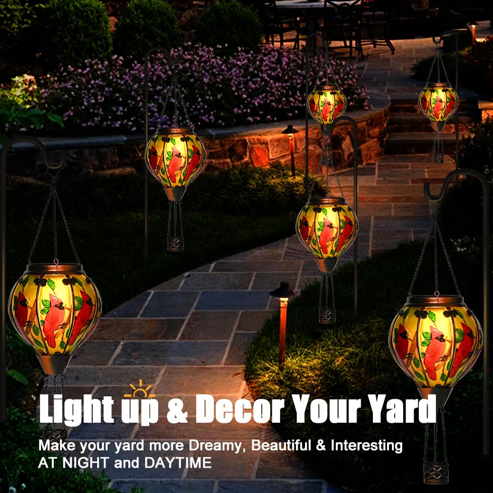 Hot Air Balloon Solar Lantern - Cardinal Bird Glass Lantern  Simulated Flickering & Dancing Flame  Outdoor Hanging Yard Light Waterproof Ip65 For Patio Lawn Porch Decor Gift
