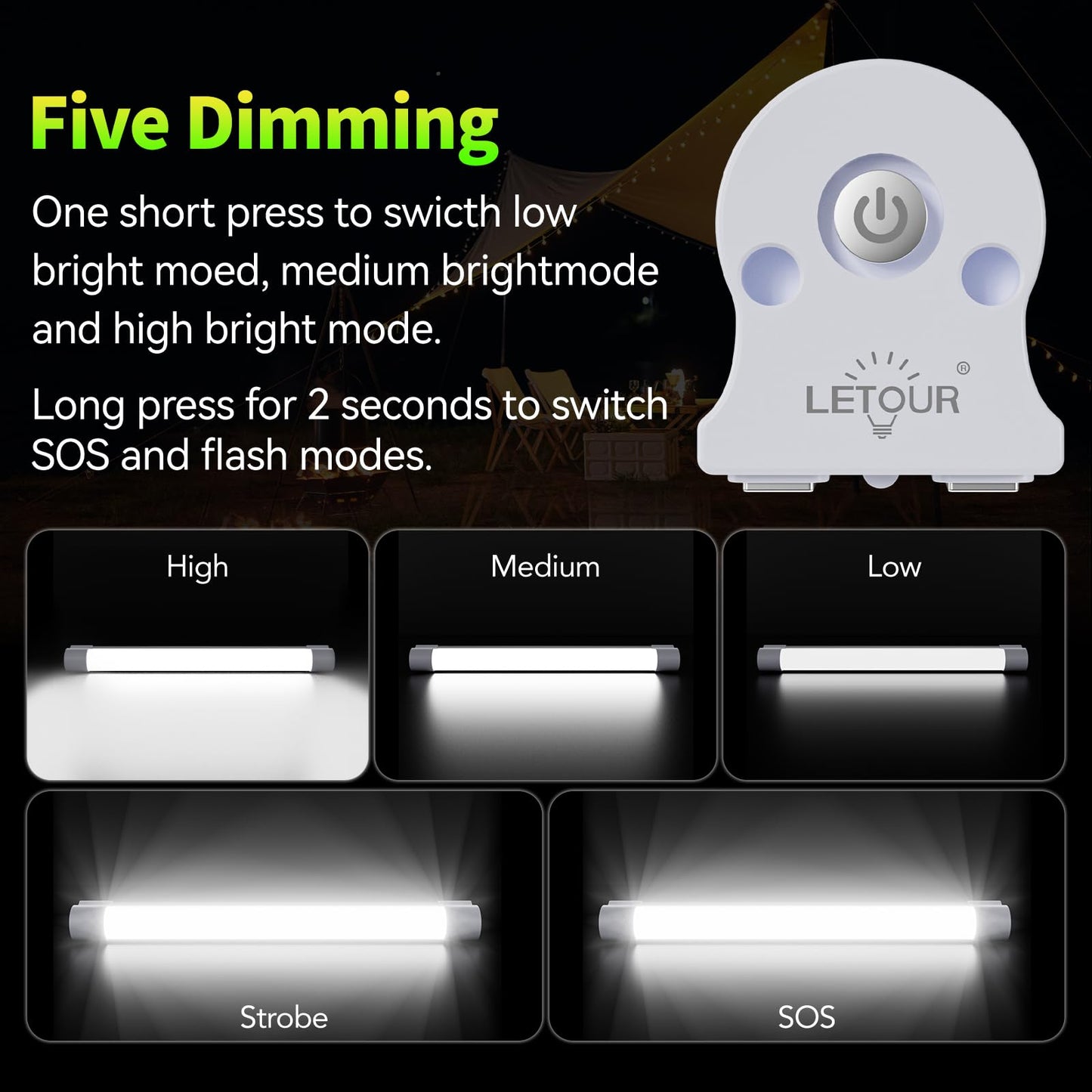LETOUR Rechargeable Light LED Tube Magnetic Light 4000Lumens 5200mAh 5 Levels Dimming Camping Lantern USB Rechargeable Portable Lights with 2 Magnets Endurance for 60 Hours