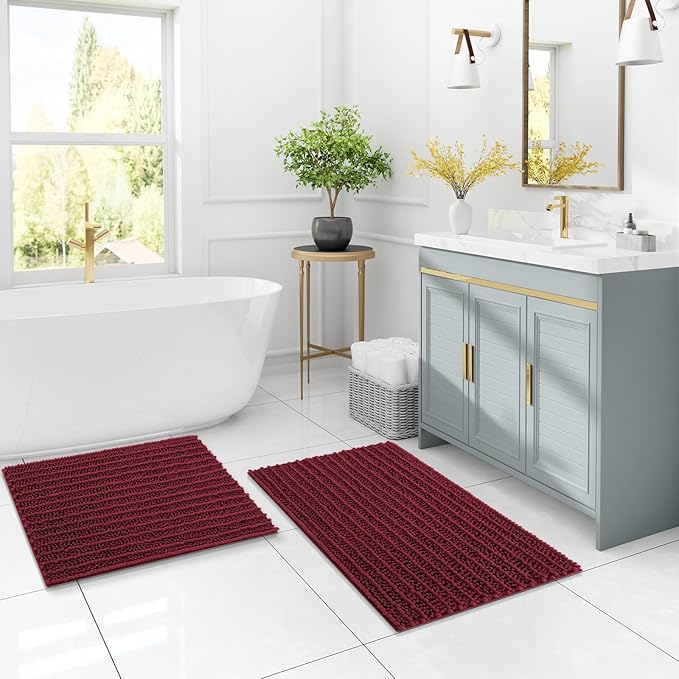 Arotive Luxury Chenille Bathroom Rug Mat, Extra Soft Thick Absorbent Shaggy Bath Rugs, Non-Slip Machine Wash Dry, Plush Bath Mats for Bathroom, Shower and Tub, 47x17, Burgundy