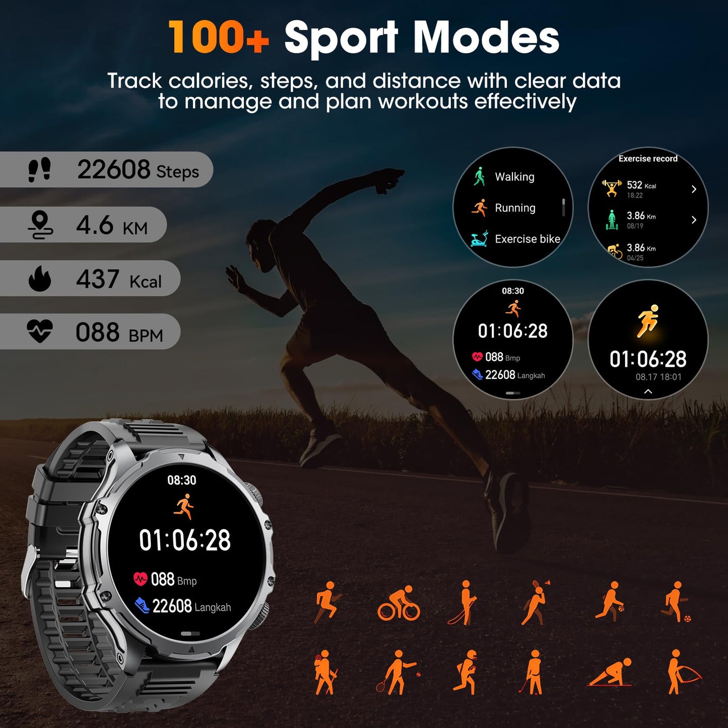 Mingtawn Military Smart Watch for Men (Answer/Make Call), 1,85" HD Touch Screen 700mAh Large Battery Fitness Watch with Flashlight/Heart Rate/Sleep Monitor Fitness Tracker for iPhone & Android Black