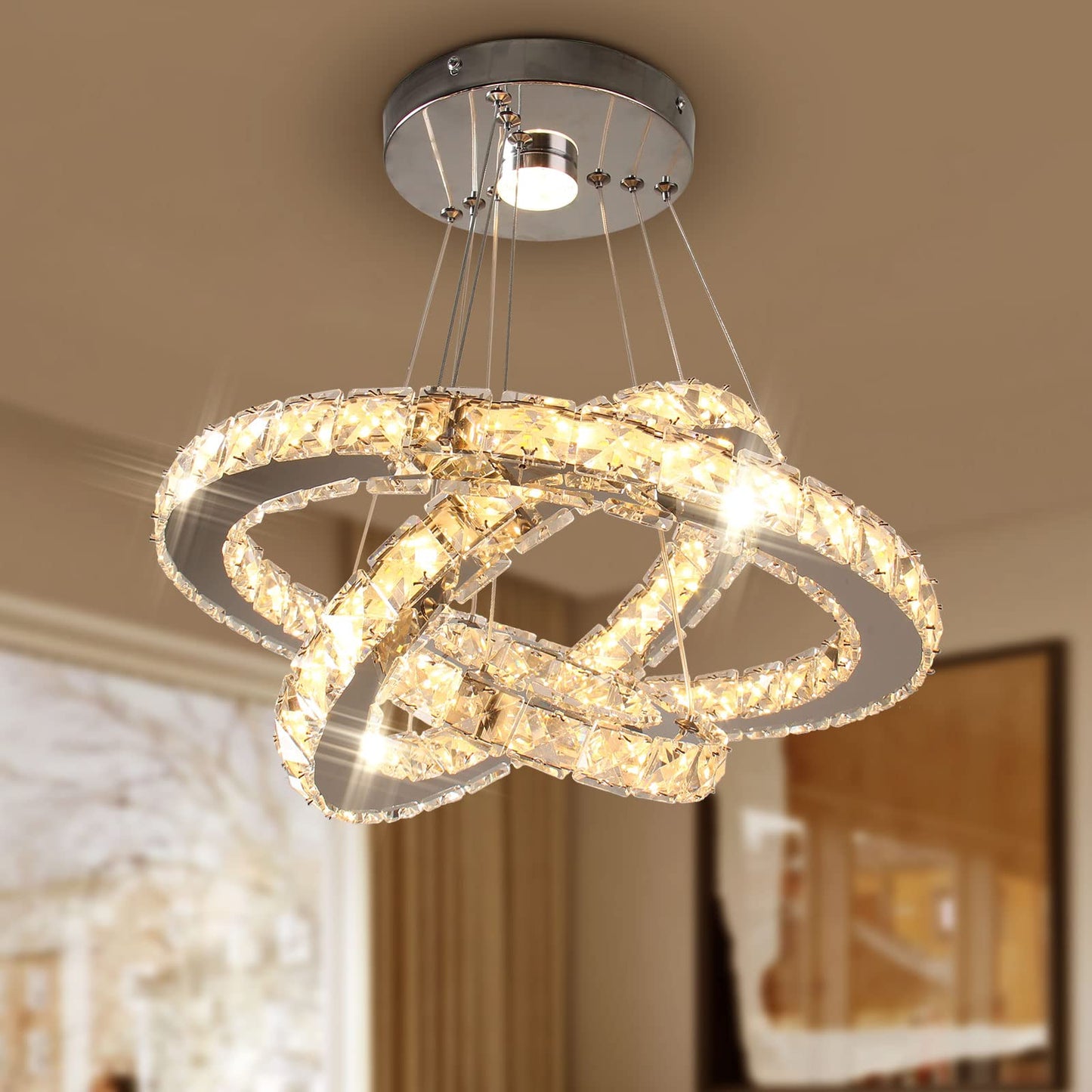 diisunbihuo LED Chandelier Modern Crystal Pendant Light Adjustable 20/30/40in Warm White Silver for Bedroom Living Room Dining Room
