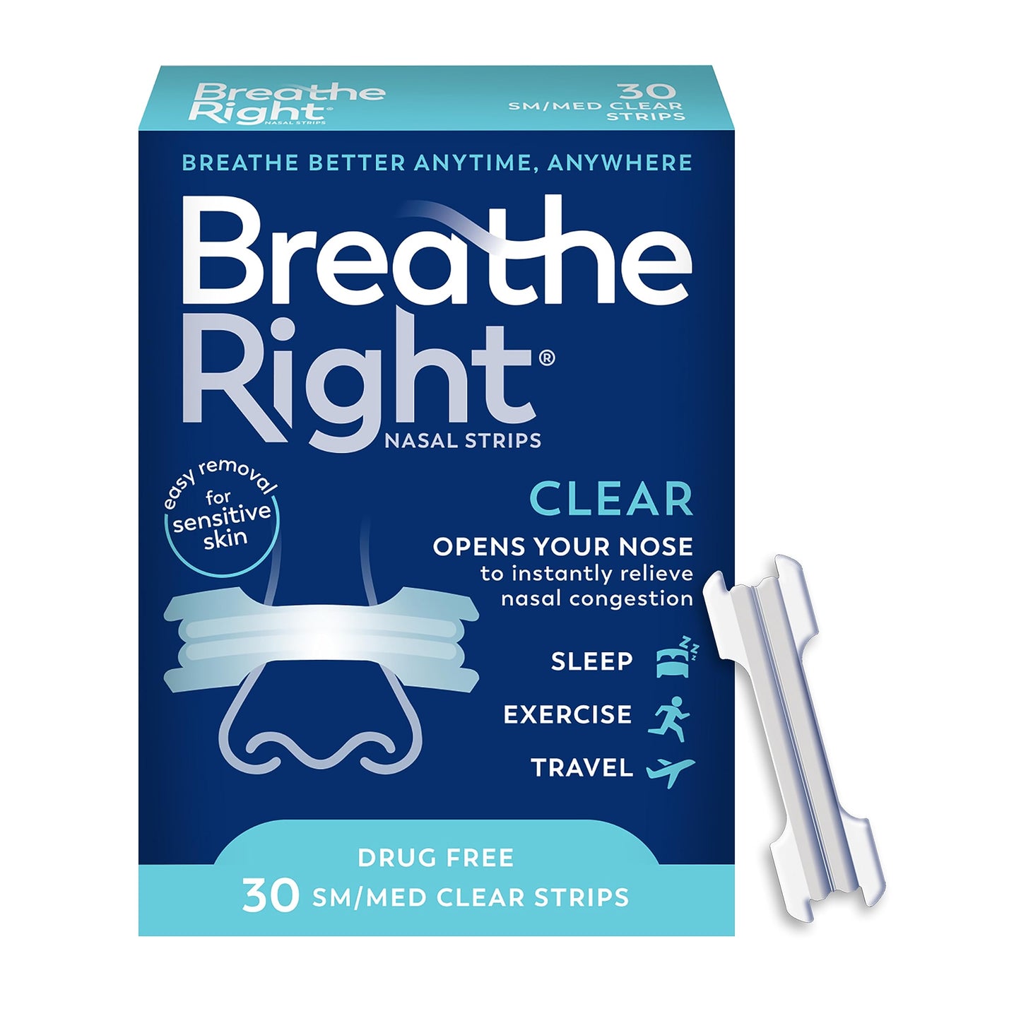 Breathe Right Original Nasal Strips Clear Sm/Med For Sensitive SkinDrug-Free Snoring Solution & Nasal Congestion Relief Caused by Colds & Allergies 30 ct (Packaging May Vary)