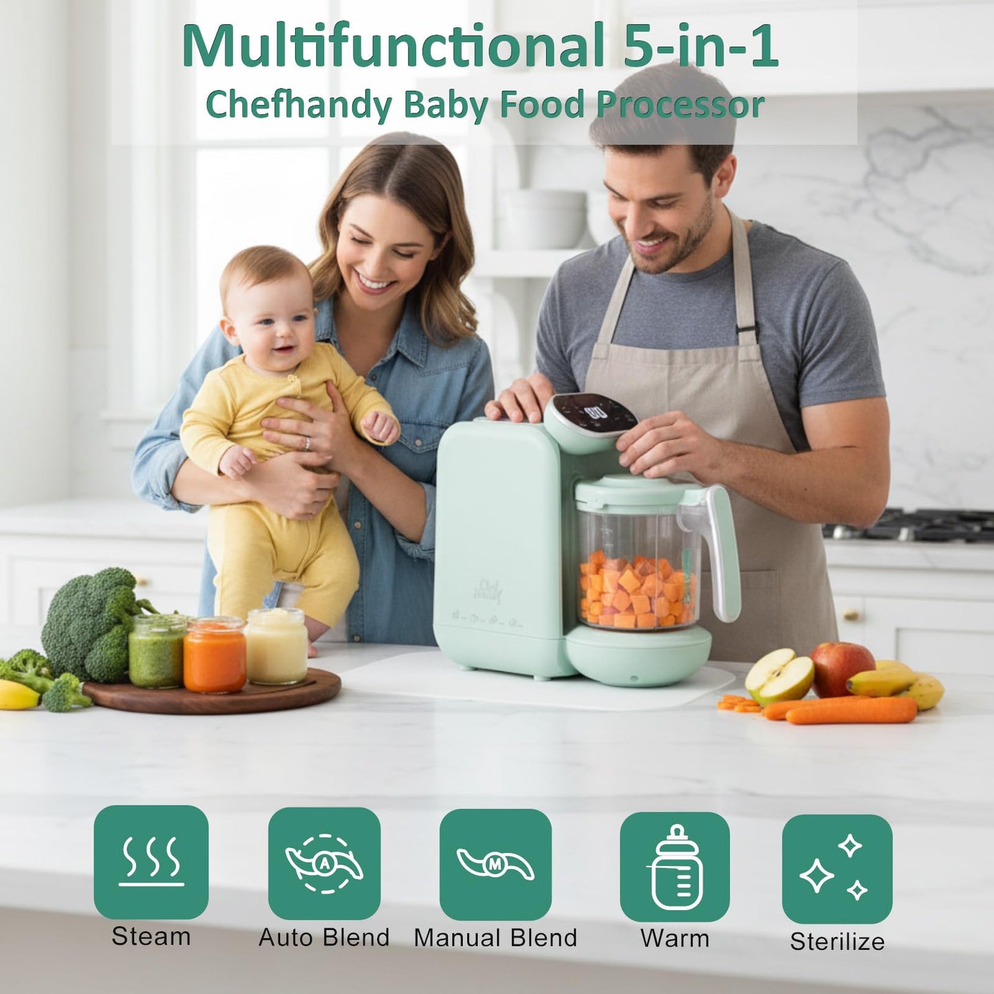 Chefhandy Baby Food Maker with Stainless Steel Steam Basket, One Step 5-in-1 Baby Food Processor Steamer Blender & Steam Cleaning, Auto Cooking, Puree & Baby Warmer with 6 Food Pouches, BPA-Free,Green