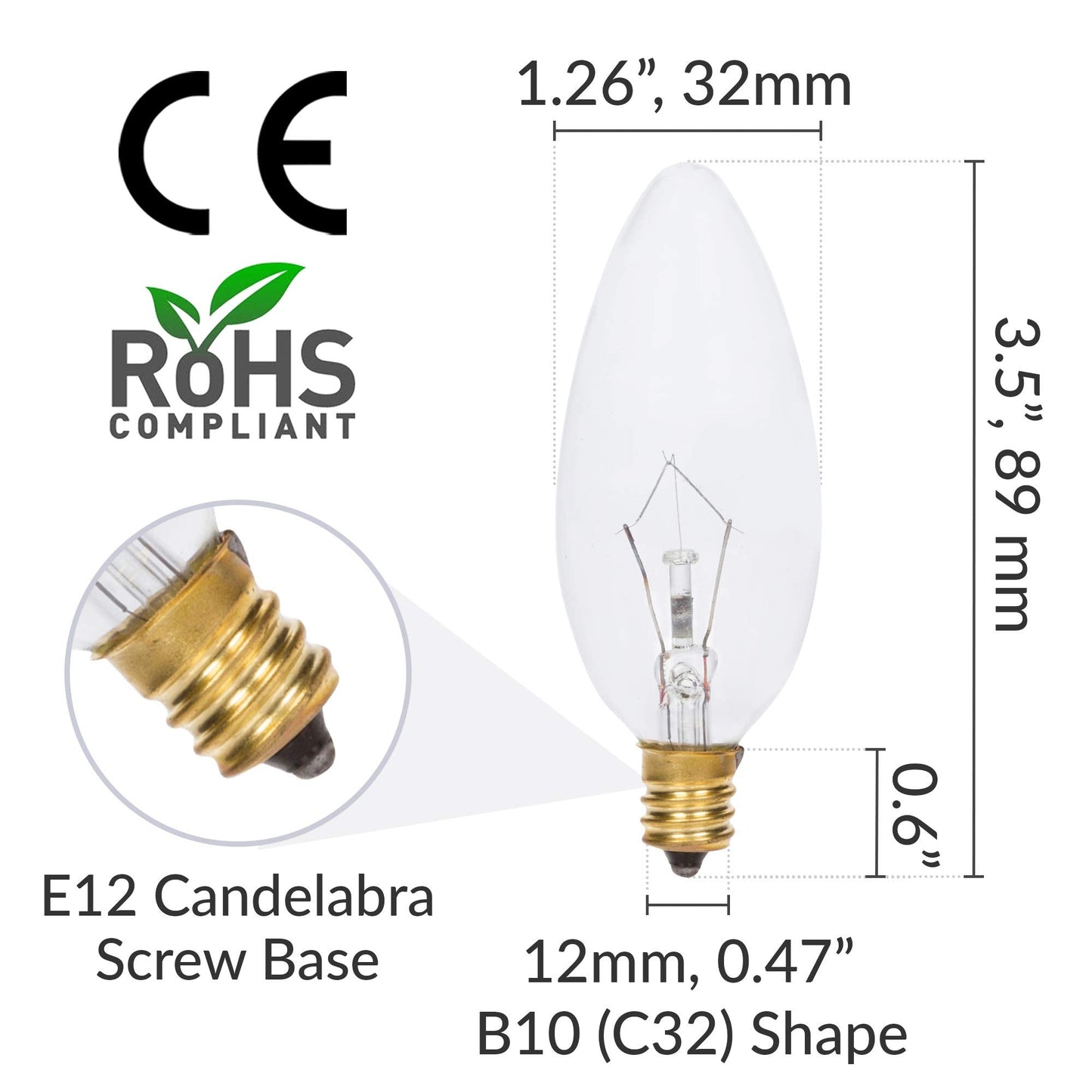 Simba Lighting Candelabra Torpedo Clear B10 CTC 40W E12 Base (12 Pack) Decorative Incandescent Light Bulbs 120V for Chandeliers, Ceiling Fan Lights, Pendants, Wall Sconces, Dimmable, Warm White 2700K