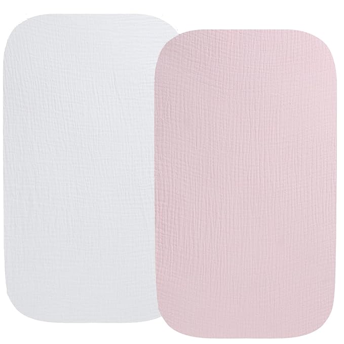 Muslin Bassinet Sheet Compatible with AMKE 3 in 1 Bassinet(35 X 20), Milliard, TCBunny Bassinet, 2 Pack Cotton Stylish Boho Fitted Bassinet Sheets for Baby White & Pink