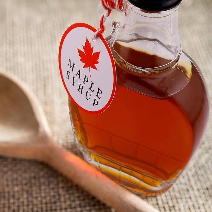 12 Pcs 5 oz Glass Maple Syrup Bottles with Tags,Clear Glass Bottles with Aluminum Lids and Loop Handle, Maple Syrup Jars Storage Glass Containers for DIY Whiskey Sauce Vanilla Gifts