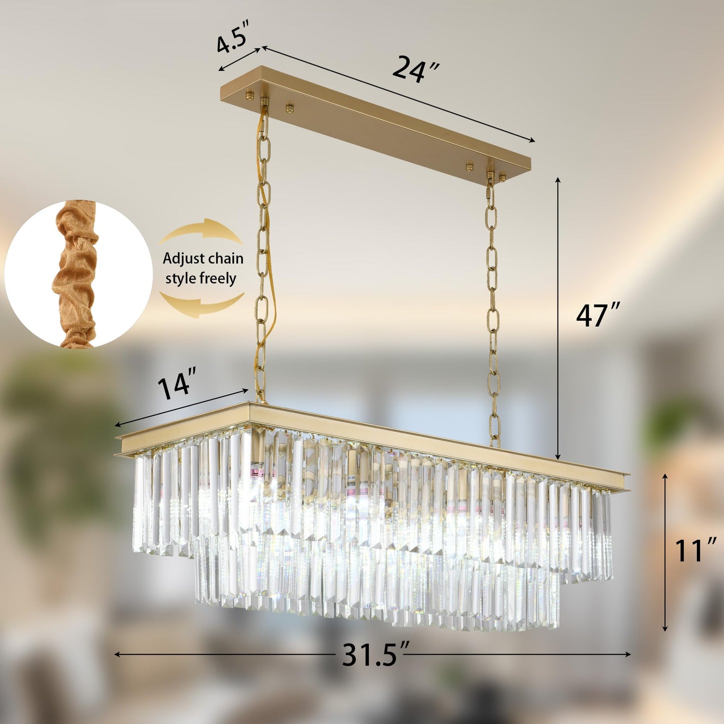 Laiuetai Gold Rectangular Chandelier 31.5 Inch - 8-Light stylish Modern Crystal Pendant Height-Adjustable Lighting Fixture For Dining Room  Kitchen Island & Bar - enhanced K9 Crystals(Gold  L-31.5)