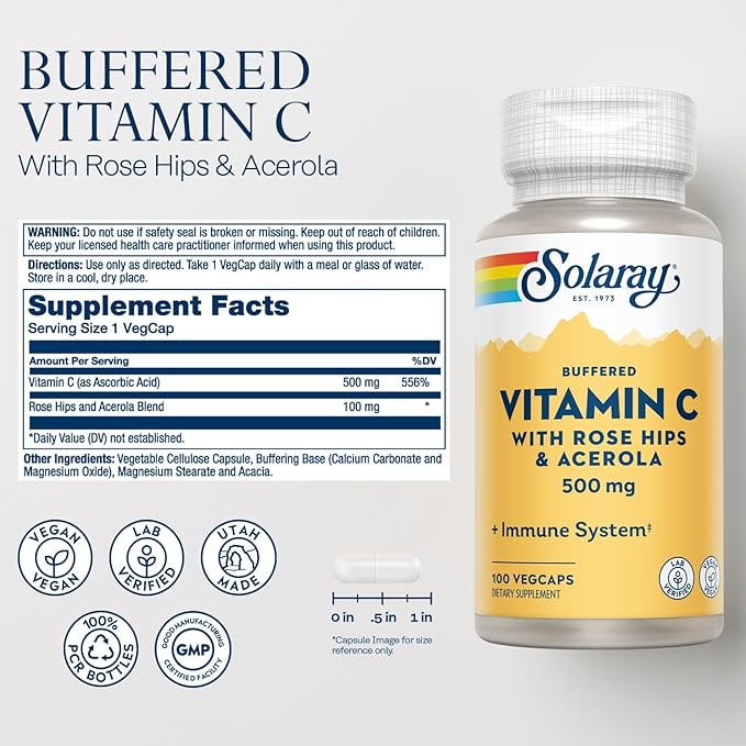 SOLARAY Buffered Vitamin C 500mg - Plus Rose HIPS and Acerola - Immune Support Supplement - Vegan, Lab Verified, 60-Day Guarantee - 100 Servings, 100 VegCaps