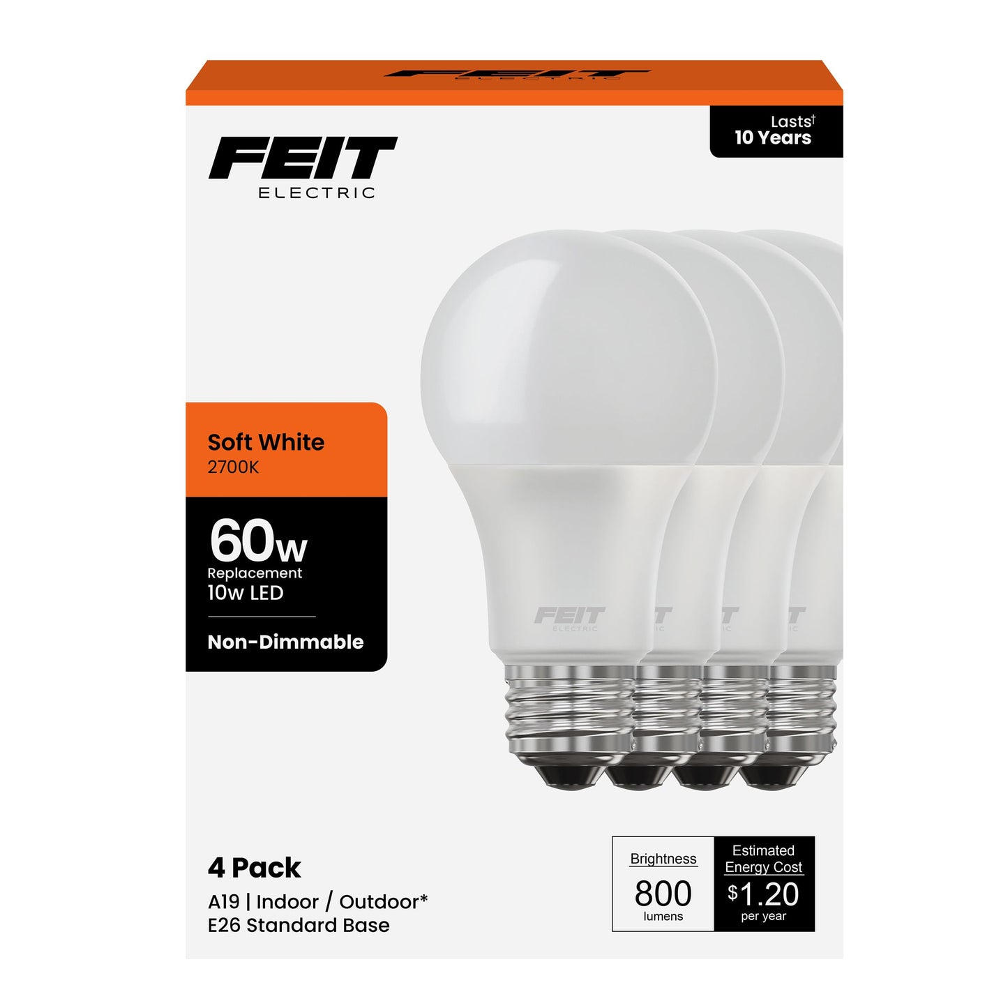 Feit Electric A19 Led Light Bulbs, 60W Equivalent, Non-Dimmable, 800 Lumens, 4 Pack, 2700K Soft White, E26 Base,
