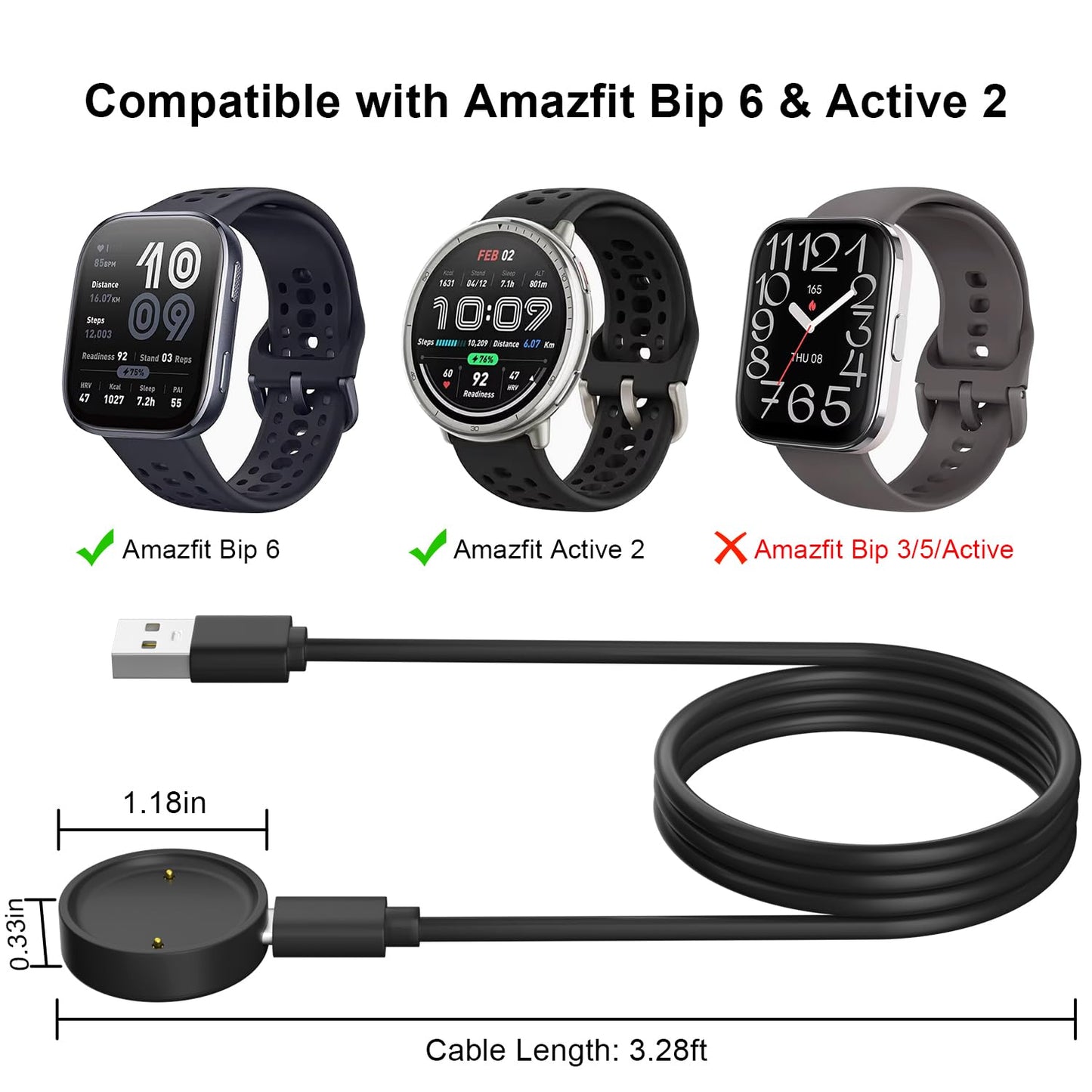 Gamorek Charger For Amazfit Bip 6/Active 2, Replacement Smart Watch Charger 3.3Ft Usb Magnetic Charging Cable Cord