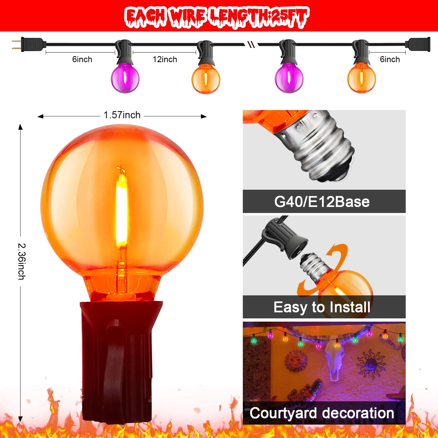 GOOTHY G40 Halloween String Lights, 25FT Outdoor LED Globe Lights, Shatterproof Orange/Purple, Perfect for Patio and Party Decorations