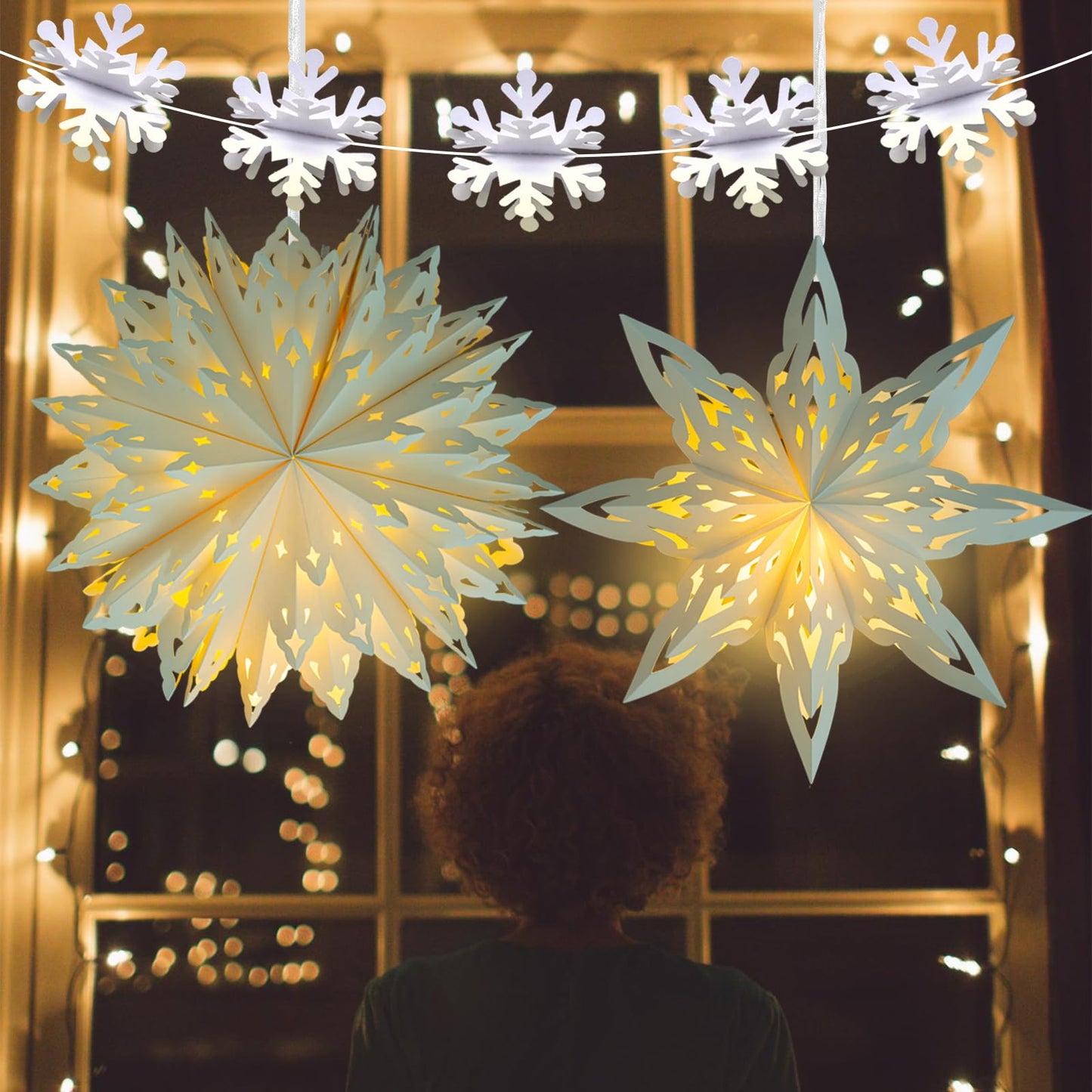Christmas Snowflake Paper Lanterns  2 Pcs Christmas Paper Star Lanterns With Led Lights Large White Hanging Decorations For Xmas Tree New Year Winter Frozen Weddings Birthday Holiday Party Decor