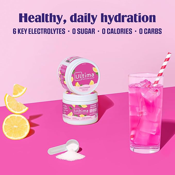Ultima Replenisher Daily Electrolyte Powder Drink Mix – Sugar Free – Pink Lemonade, 30 Serving – Hydration Powder with 6 Key Electrolytes and Trace Minerals – Keto Friendly, Vegan, Non-GMO