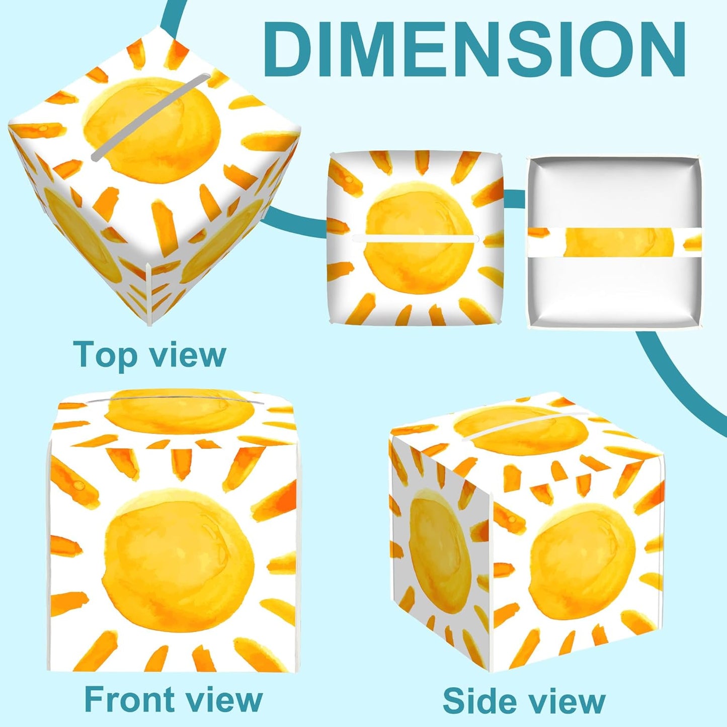 Watercolor Sun Tissue Box Cover Square,Sunlights Leather Tissue Holder,Waterproof Leather Facial Paper Organizer Tissue Box Cover for Home Office Bathroom Vanity Countertop,5.2" x 5.2" x 5.2"