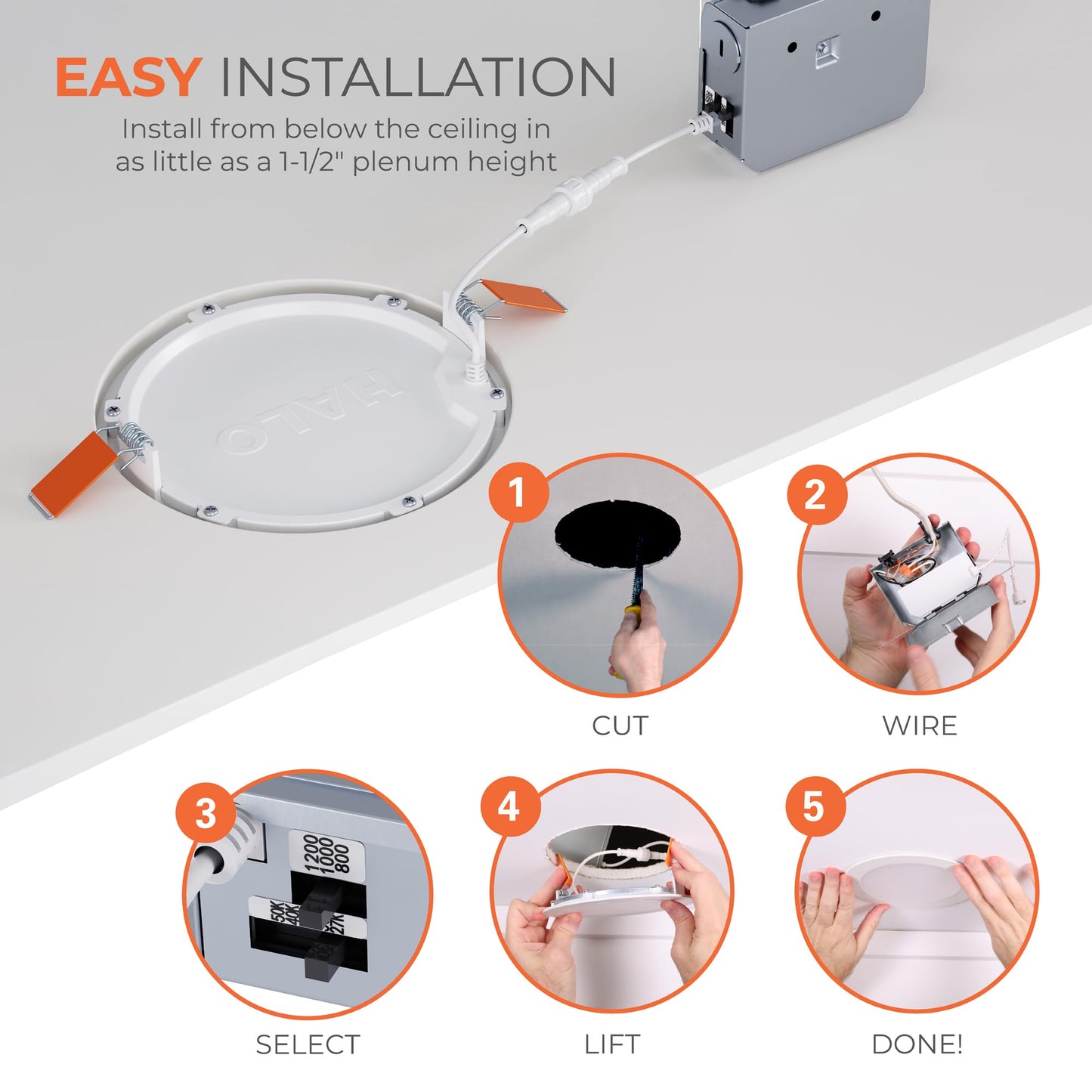 HALO HLB 6 inch LED Recessed Lighting Canless Dimmable Ceiling and Shower Light with Selectable Lumens and Color Temperature 2700K-5000K Wet Location Indoor Outdoor Sofit Downlight - HLBLSFS5-6PK