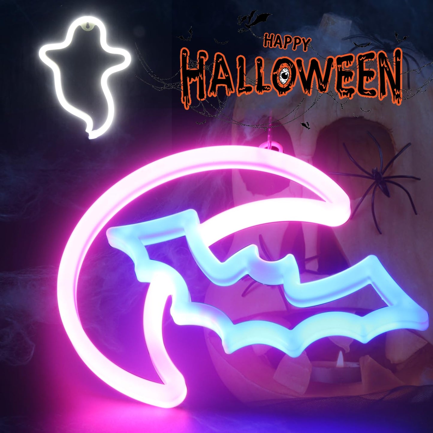 Brightdeck 2 Pack Halloween Neon Signs  White Ghost  Blue Bat Full Moon Neon Lights Decorations  Usb/Battery Powered Led Neon Sign For Halloween Wall Decor  Bedroom  Kids Gift  Living Room  Bar  Party (Half Moon)