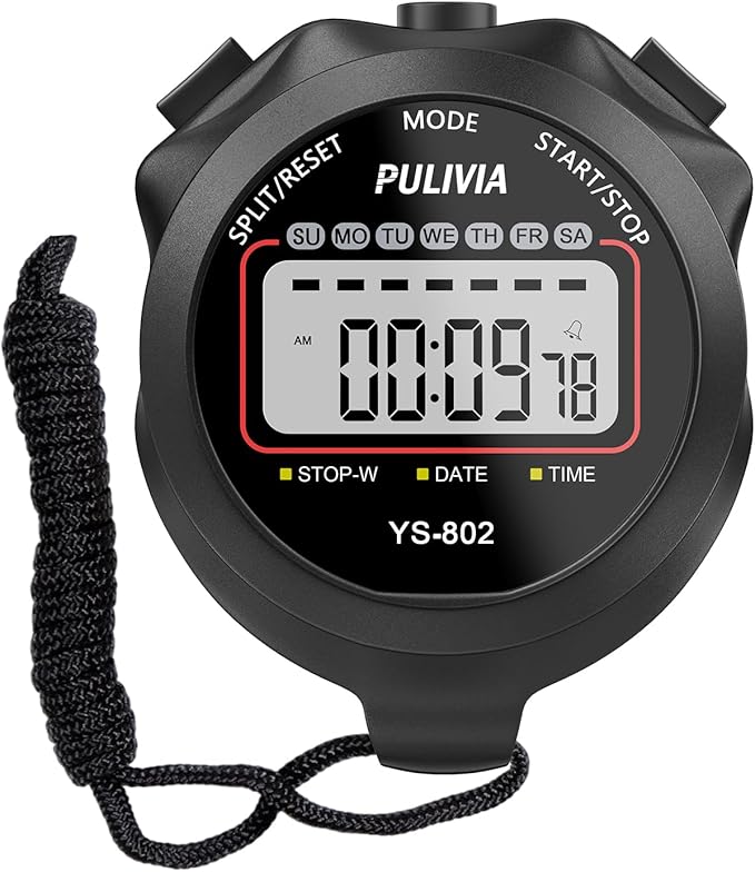 PULIVIA Stopwatch Timer Lap Split Digital Stopwatch with Clock Calendar Alarm, Large Display Stop Watch for Sports Kids Co...