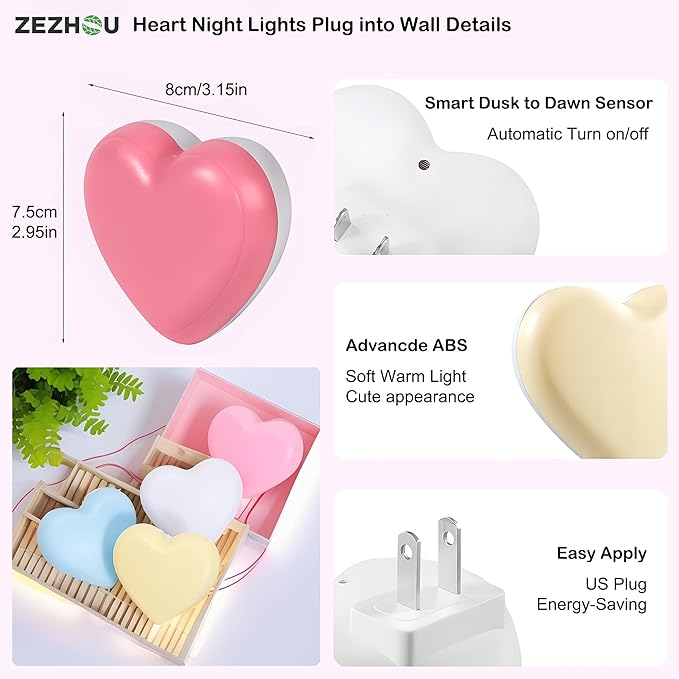 Night Lights Plug into Wall - Cute Heart LED Night Light for Kids, Plug in Nightlight with Smart Auto On/Off Dusk to Dawn Sensor, Soft Warm Blue Lamp for Bedroom Nursery Living Room Bathroom Hallway