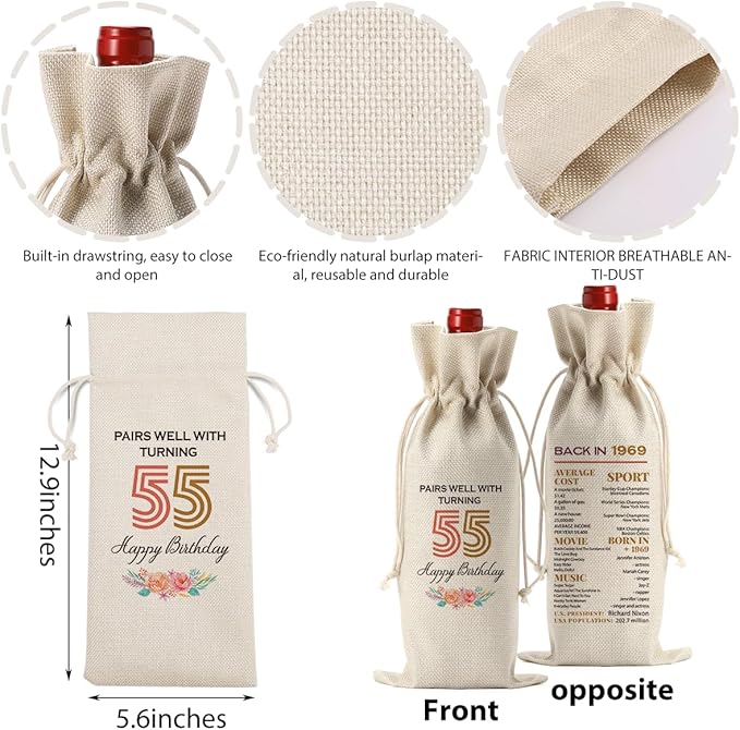 Funny 55th Birthday Gifts for Women Men Wine Bag, Happy Anniversary 55th birthday Party Decorations for Woman Men Wine Bags, 55 Year Old Birthday Gift Ideas Wine Bottle Bag