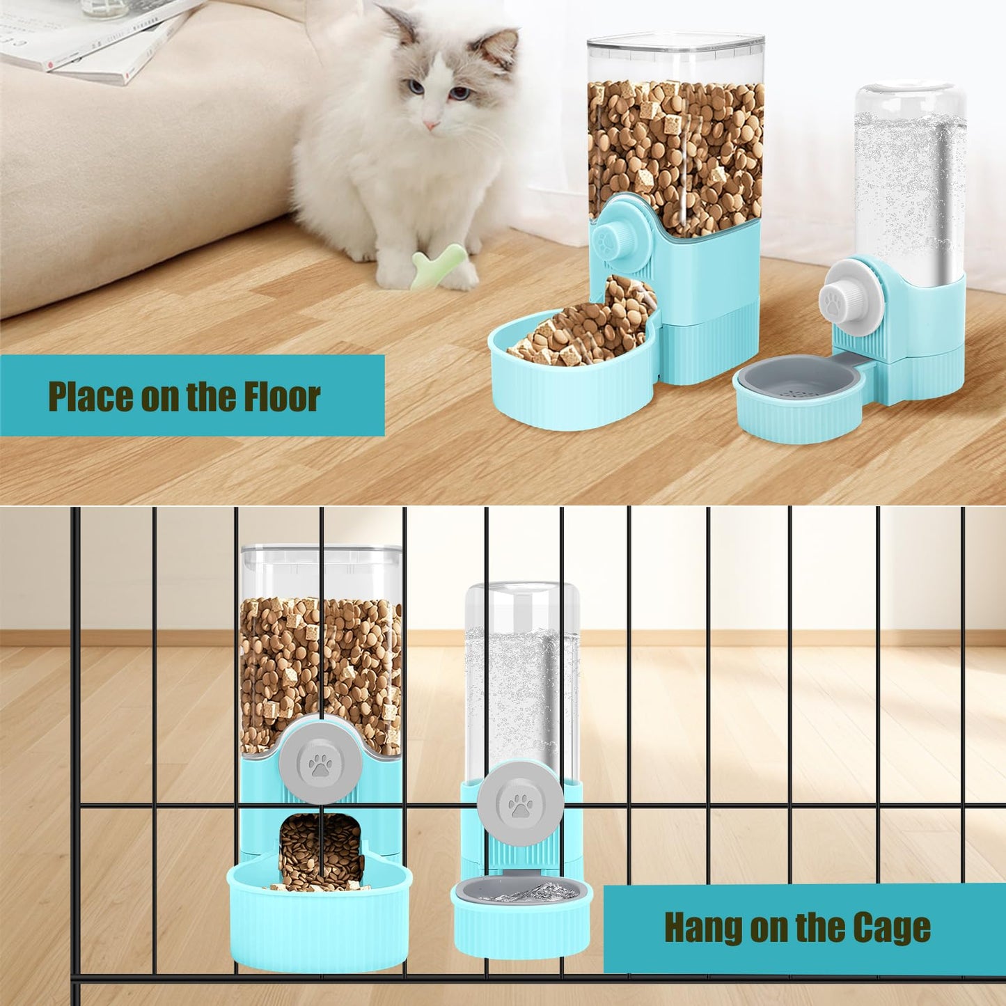 Luismia Hanging Cage Automatic Food Water Dispenser, Auto Gravity 1.2L Self-Feeding Feeder and 0.52L Waterer Set, Crate Auto Feeder Dish for Puppy Cats Ferret Bunny Guinea Pig Small Pets (Blue)