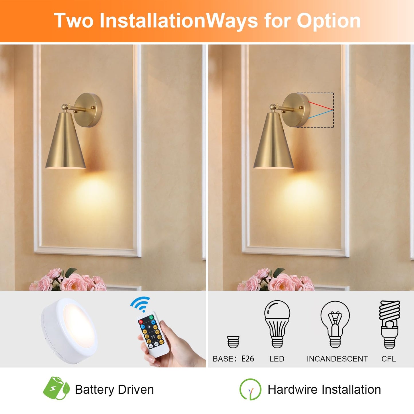 MWZ Gold Wall Sconces Set of Two, Wireless Dimmable Indoor Lighting with Remote Control, Adjustable Angle, Model W-XL115