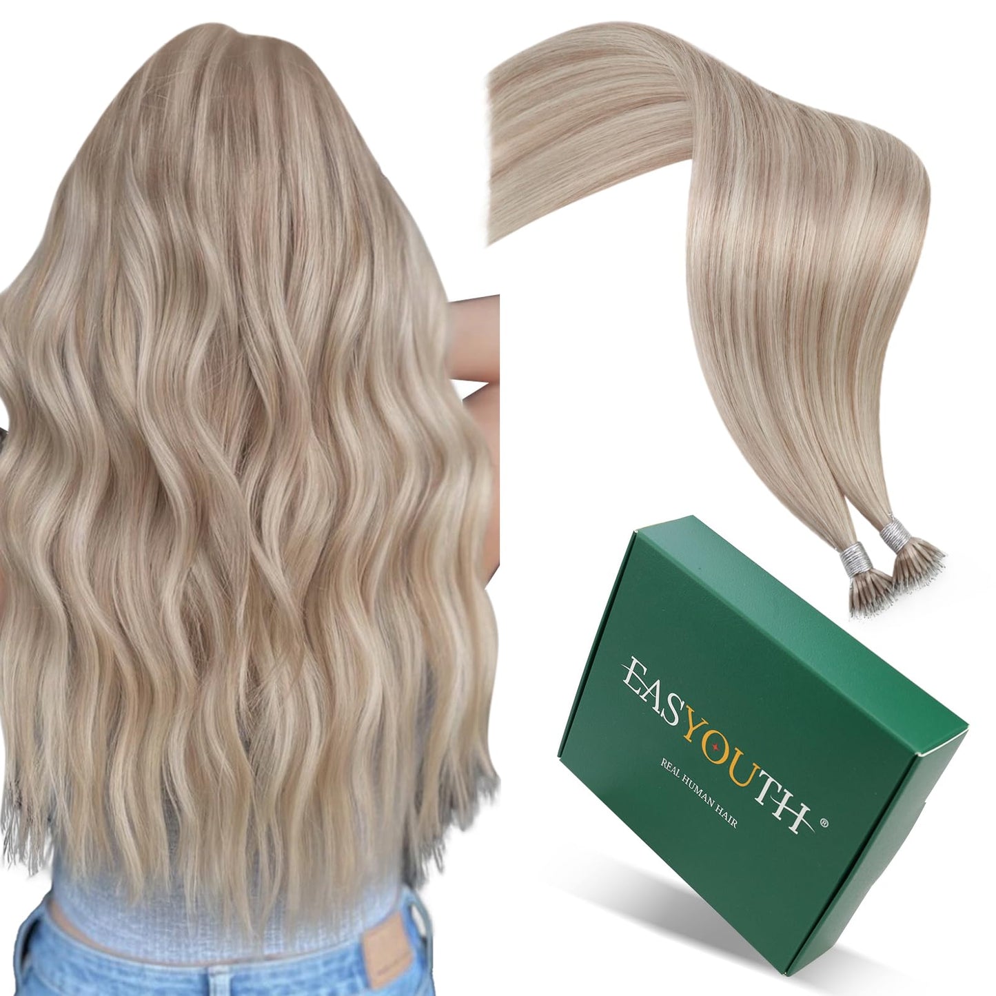 Easyouth Nano Hair Extensions Human Hair Blonde Nano Bead Hair Extensions Highlight Blonde Nano Hair Extension Add Length and Vo