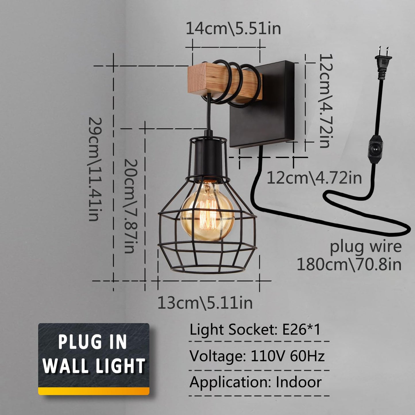 Lightess Plug-In Wall Sconces Set of 2, Dimmable, Metal, Black, Industrial Design, Model LG9951511