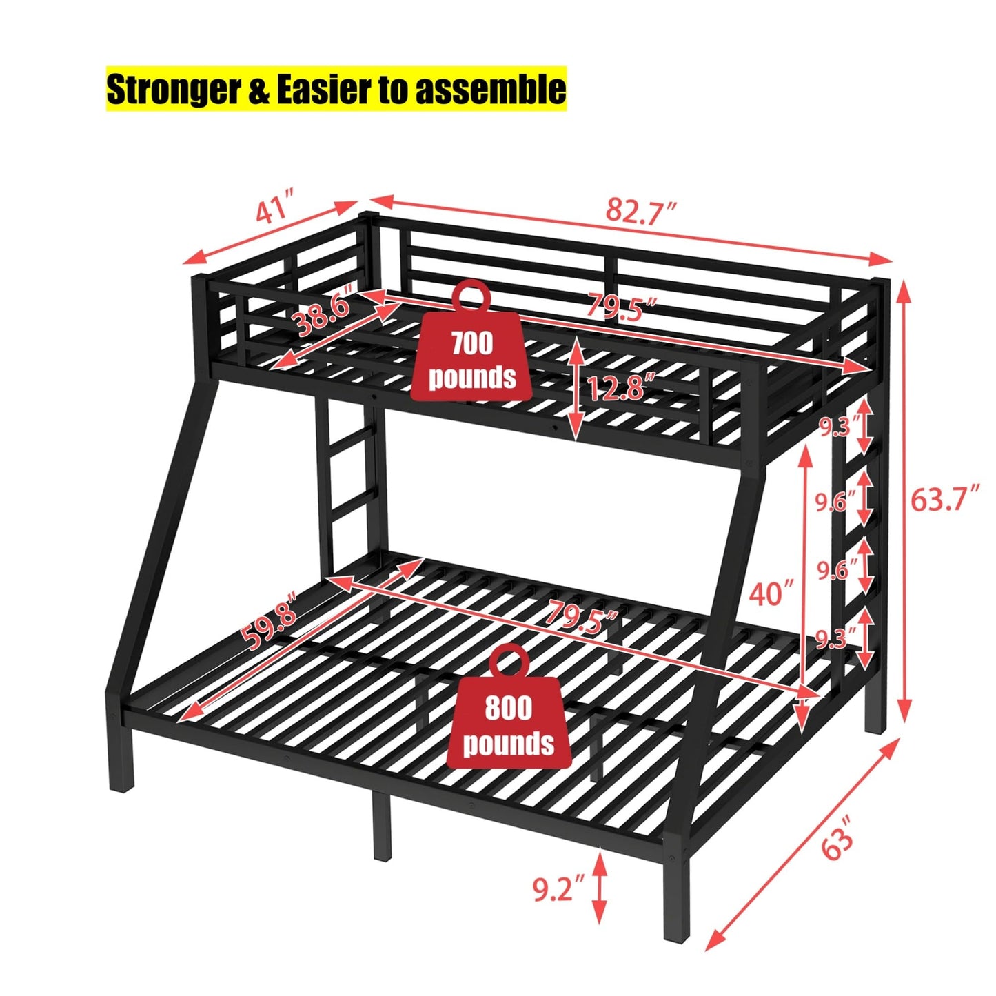 AOOMEEC Higher Quality & Stronger Metal Twin XL Over Queen Bunk Bed, Thickened Heavy Duty More Stable Safer Black Steel Bunkbed Bunk Queen Bed (Easier to Assemble) (Twin XL Over Queen)
