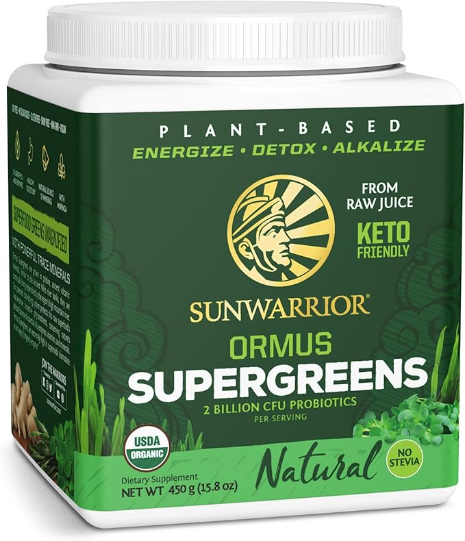 Sunwarrior Vegan Organic Greens Probiotic Powder | 2 Billion CFU Probiotics Organic Raw Juice Soy Free Gluten Free Dairy Free Sugar Free Kosher | Natural 90 Servings | Ormus Supergreens