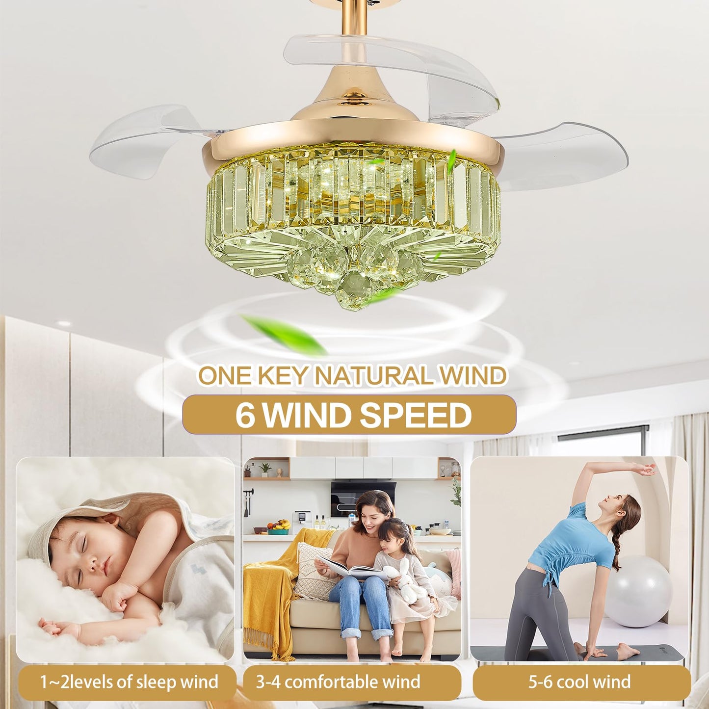 Zynfandor 30 Retractable Crystal Ceiling Fan With Light, Rgb Modern Fandelier 6 Speeds Reversible Blades Dimmable Chandelier Cei