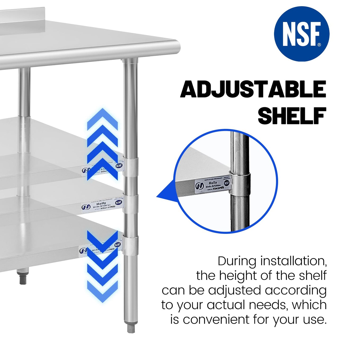 Hally Sinks & Tables HStainless Steel Table for Prep & Work 24 x 72 Inches, NSF Commercial Heavy Duty Table with Undershelf and Backsplash for Restaurant, Home and Hotel