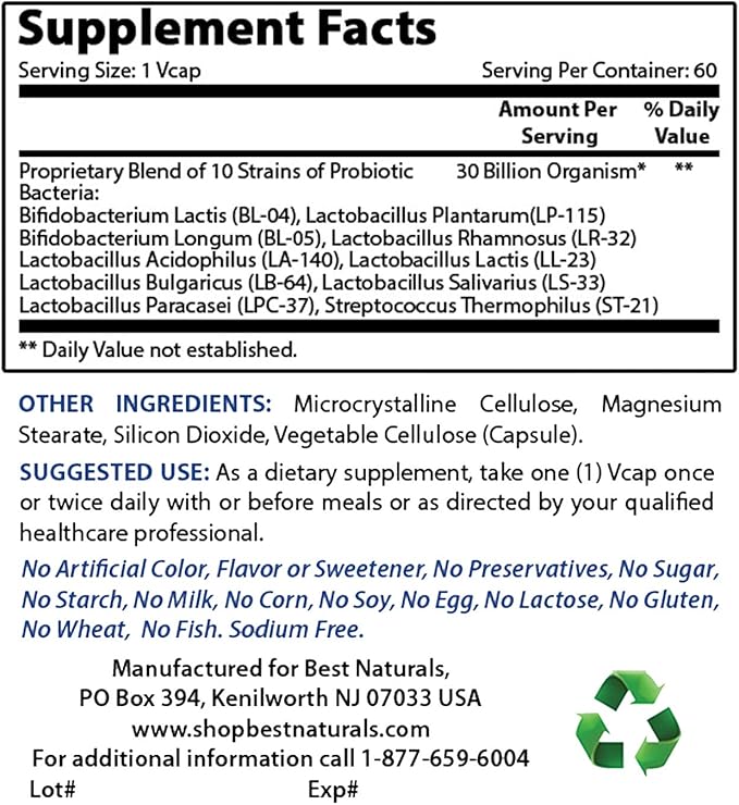 Best Naturals Probiotic 10 Strains & 30 Billion CFU & Vitamin B2 (Riboflavin) 400mg