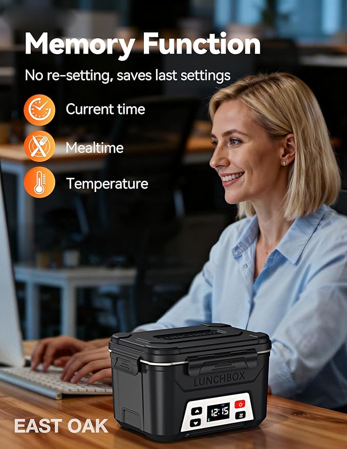 EAST OAK Rechargeable Self-Heating Lunch Box, 5.5 Cups Cordless Electric Lunch Box with Automatic Heating, Includes Fork, Spoon & Insulated Bag(Matte Black)